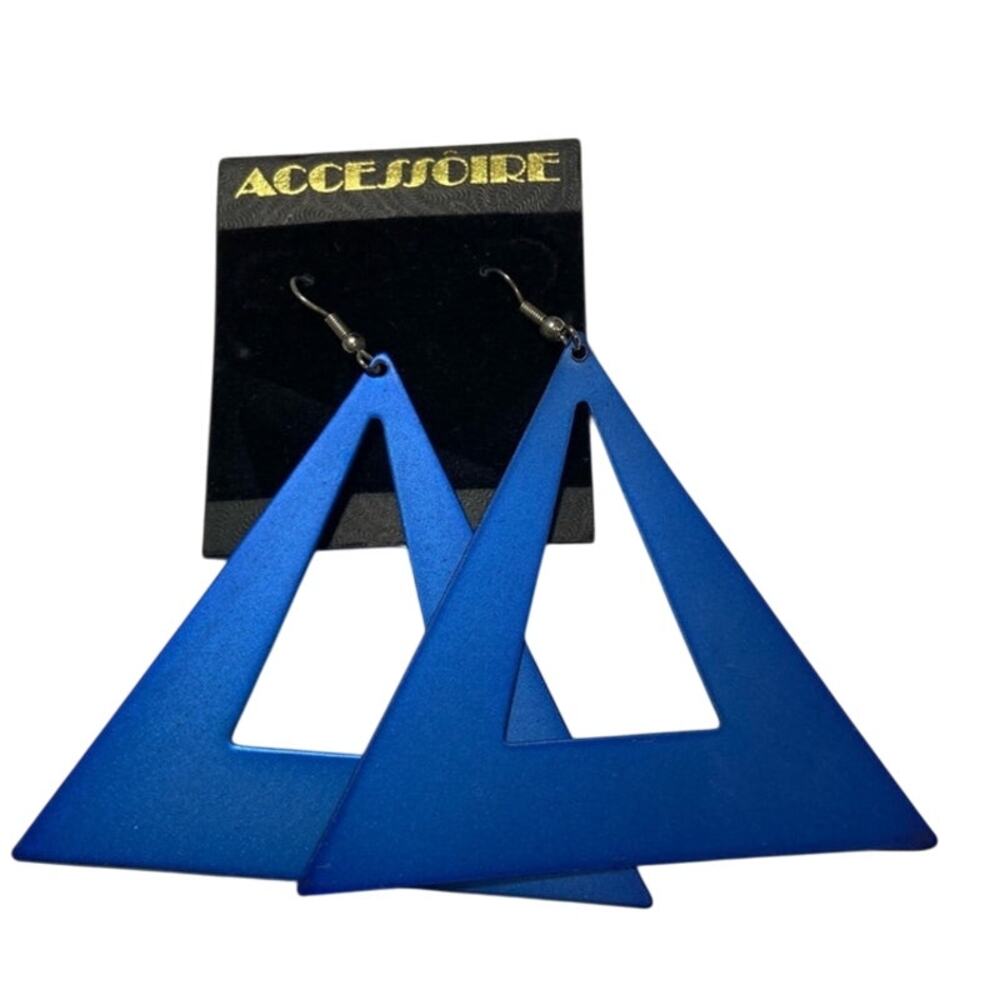 1980's Oversized Electric-Blue Metal Triangle Shaped Dangle Earrings